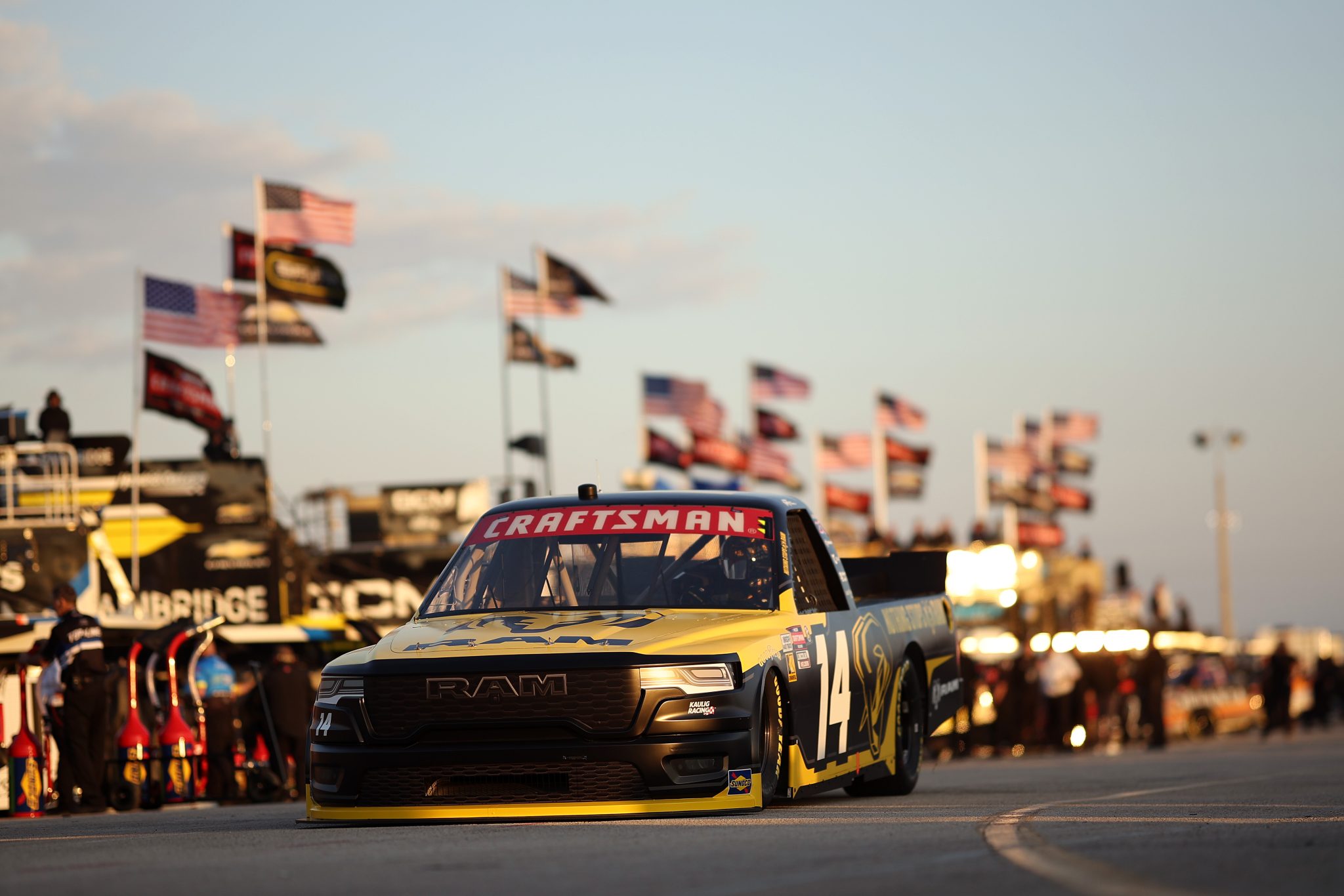 DAYTONA BEACH, FLORIDA - FEBRUARY 12: Mini Tyrrell, driver of the #14 Ram RAM, drives through the garage area during practice for the NASCAR Craftsman Truck Series Fresh from Florida 250 at Daytona International Speedway on February 12, 2026 in Daytona Beach, Florida. (Photo by James Gilbert/Getty Images) | Getty Images