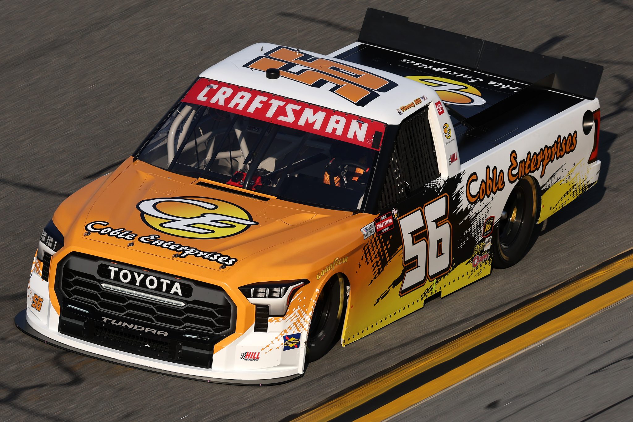 DAYTONA BEACH, FLORIDA - FEBRUARY 12: Timmy Hill, driver of the #56 Coble Enterprises Toyota, drives during Duel 1 for the NASCAR Cup Series Daytona 500 at Daytona at Daytona International Speedway on February 12, 2026 in Daytona Beach, Florida. (Photo by Chris Graythen/Getty Images) | Getty Images