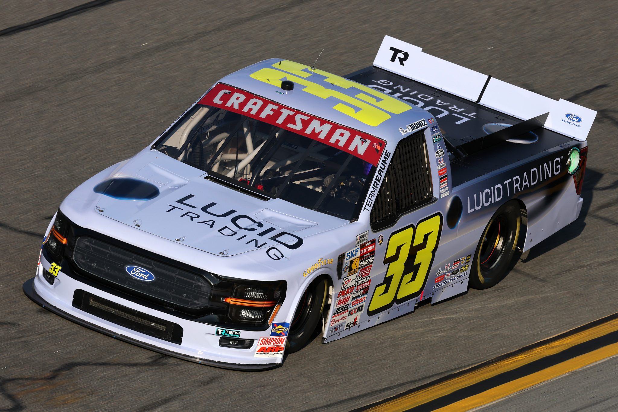DAYTONA BEACH, FLORIDA - FEBRUARY 12: Frankie Muniz, driver of the #33 Lucid Trading Ford, drives during Duel 1 for the NASCAR Cup Series Daytona 500 at Daytona at Daytona International Speedway on February 12, 2026 in Daytona Beach, Florida. (Photo by Chris Graythen/Getty Images) | Getty Images