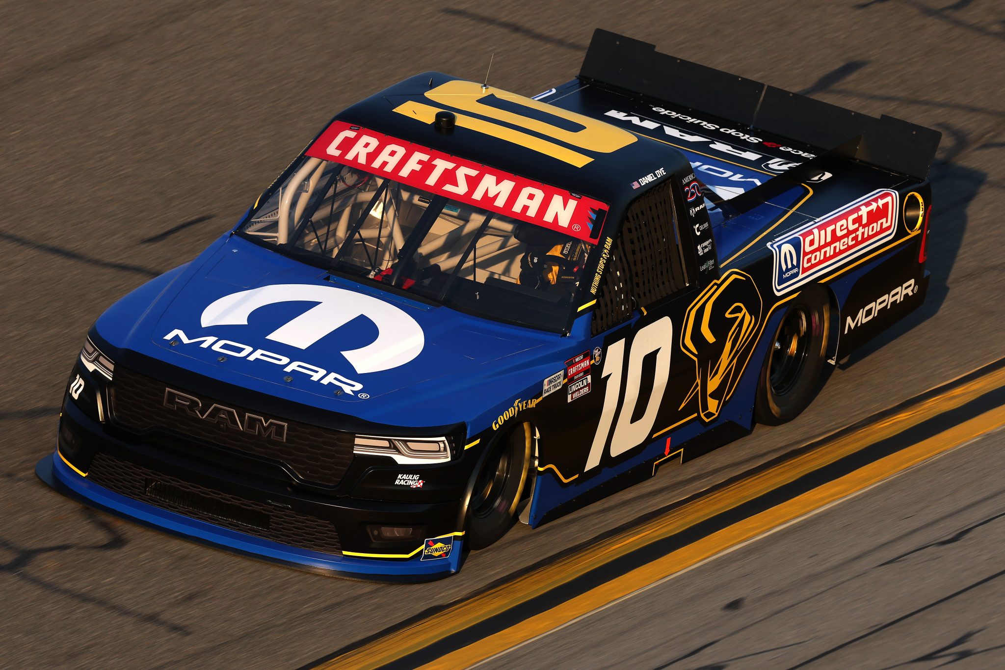 DAYTONA BEACH, FLORIDA - FEBRUARY 12: Daniel Dye, driver of the #10 Mopar RAM, drives during Duel 1 for the NASCAR Cup Series Daytona 500 at Daytona at Daytona International Speedway on February 12, 2026 in Daytona Beach, Florida. (Photo by Chris Graythen/Getty Images) | Getty Images