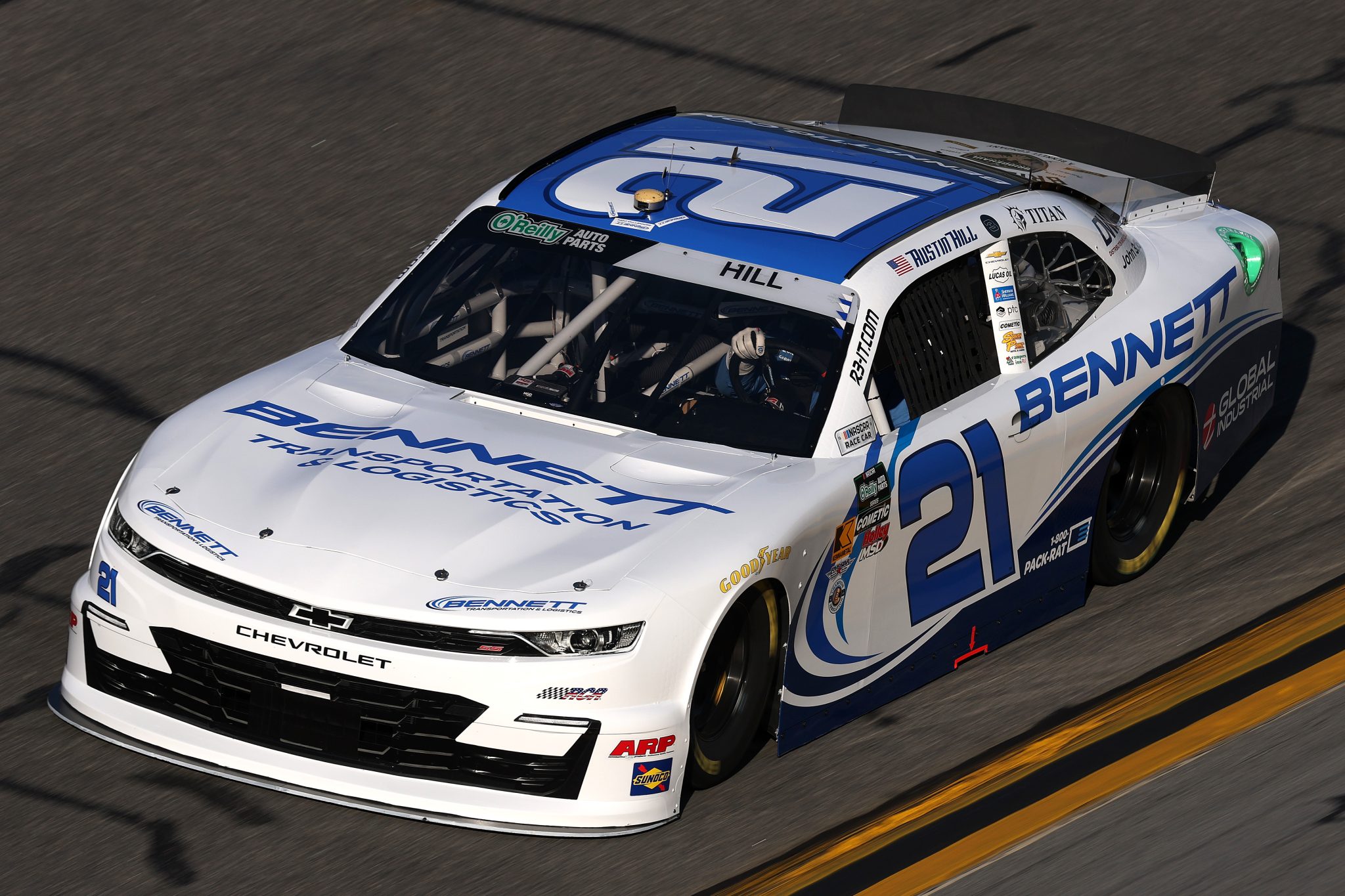 DAYTONA BEACH, FLORIDA - FEBRUARY 13: Austin Hill, driver of the #21 Bennett Transportation Chevrolet, drives during practice for the NASCAR O'Reilly Auto Parts Series United Rentals 300 at Daytona International Speedway on February 13, 2026 in Daytona Beach, Florida. (Photo by Chris Graythen/Getty Images) | Getty Images