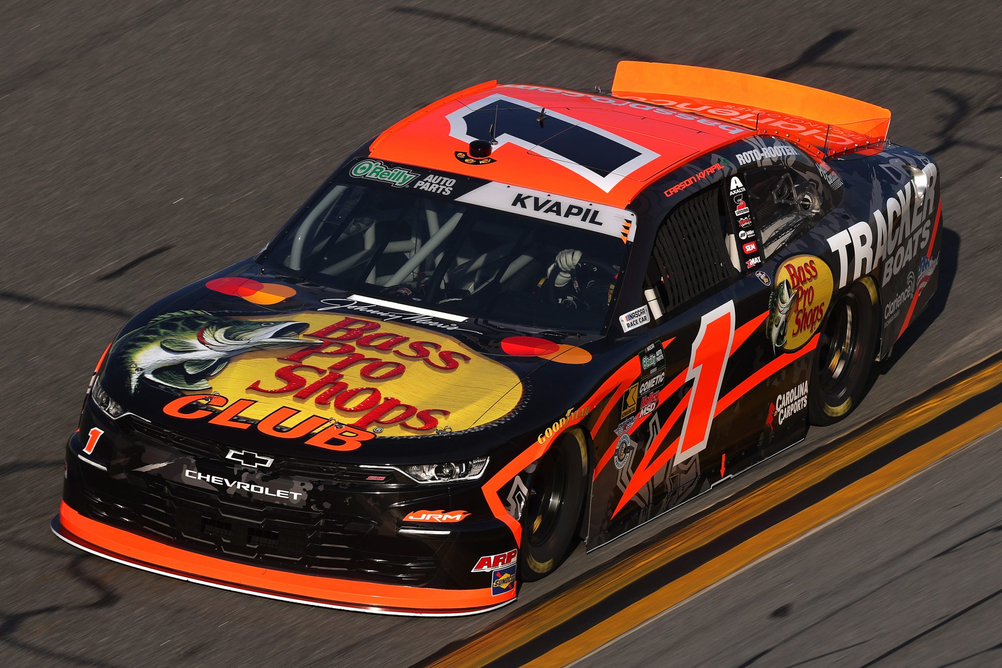 DAYTONA BEACH, FLORIDA - FEBRUARY 13: Carson Kvapil, driver of the #1 Bass Pro Shops Chevrolet, drives during practice for the NASCAR O'Reilly Auto Parts Series United Rentals 300 at Daytona International Speedway on February 13, 2026 in Daytona Beach, Florida. (Photo by Chris Graythen/Getty Images) | Getty Images