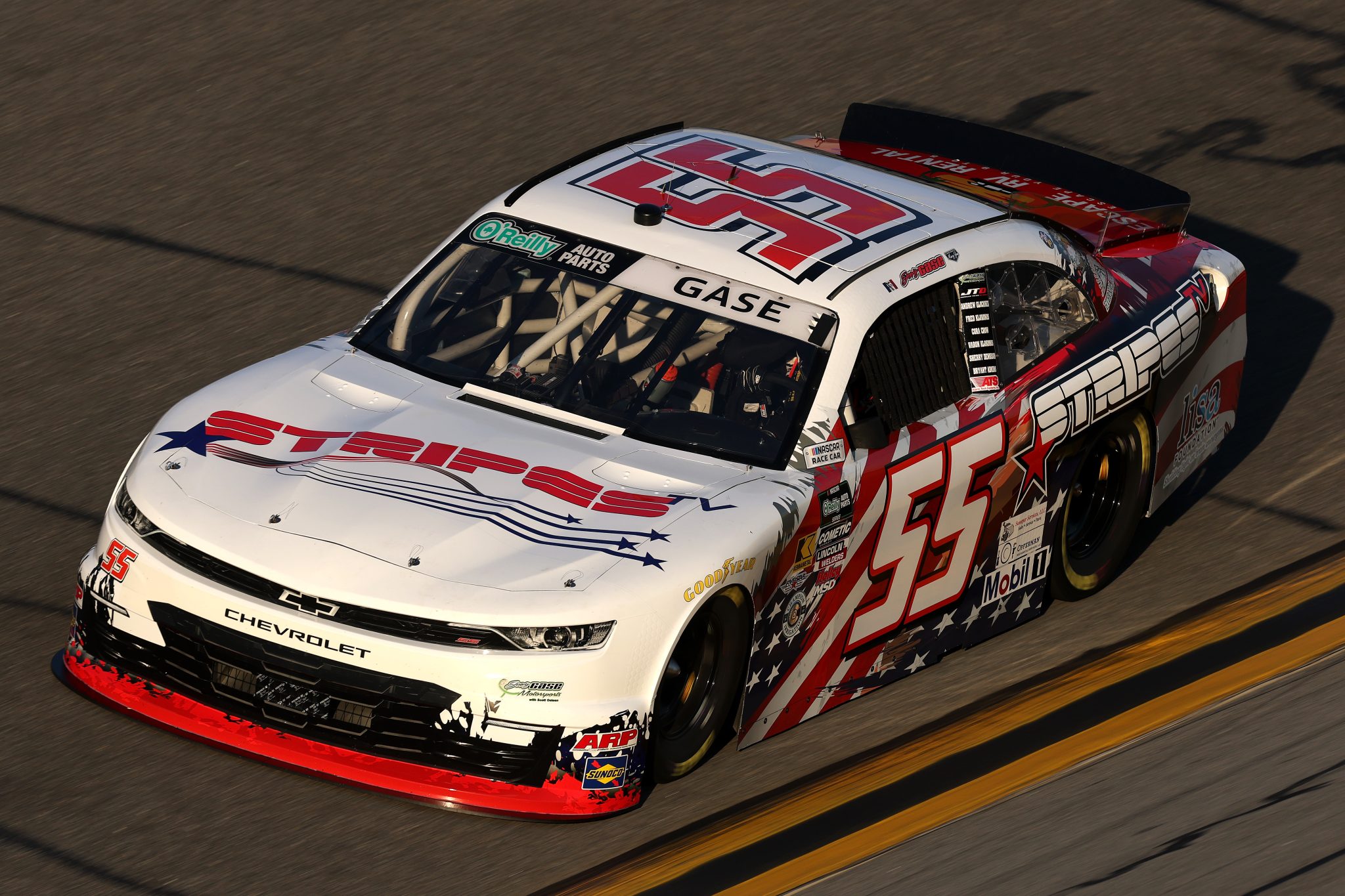 DAYTONA BEACH, FLORIDA - FEBRUARY 13: Joey Gase, driver of the #55 Stripes TV Chevrolet, drives during practice for the NASCAR O'Reilly Auto Parts Series United Rentals 300 at Daytona International Speedway on February 13, 2026 in Daytona Beach, Florida. (Photo by Chris Graythen/Getty Images) | Getty Images