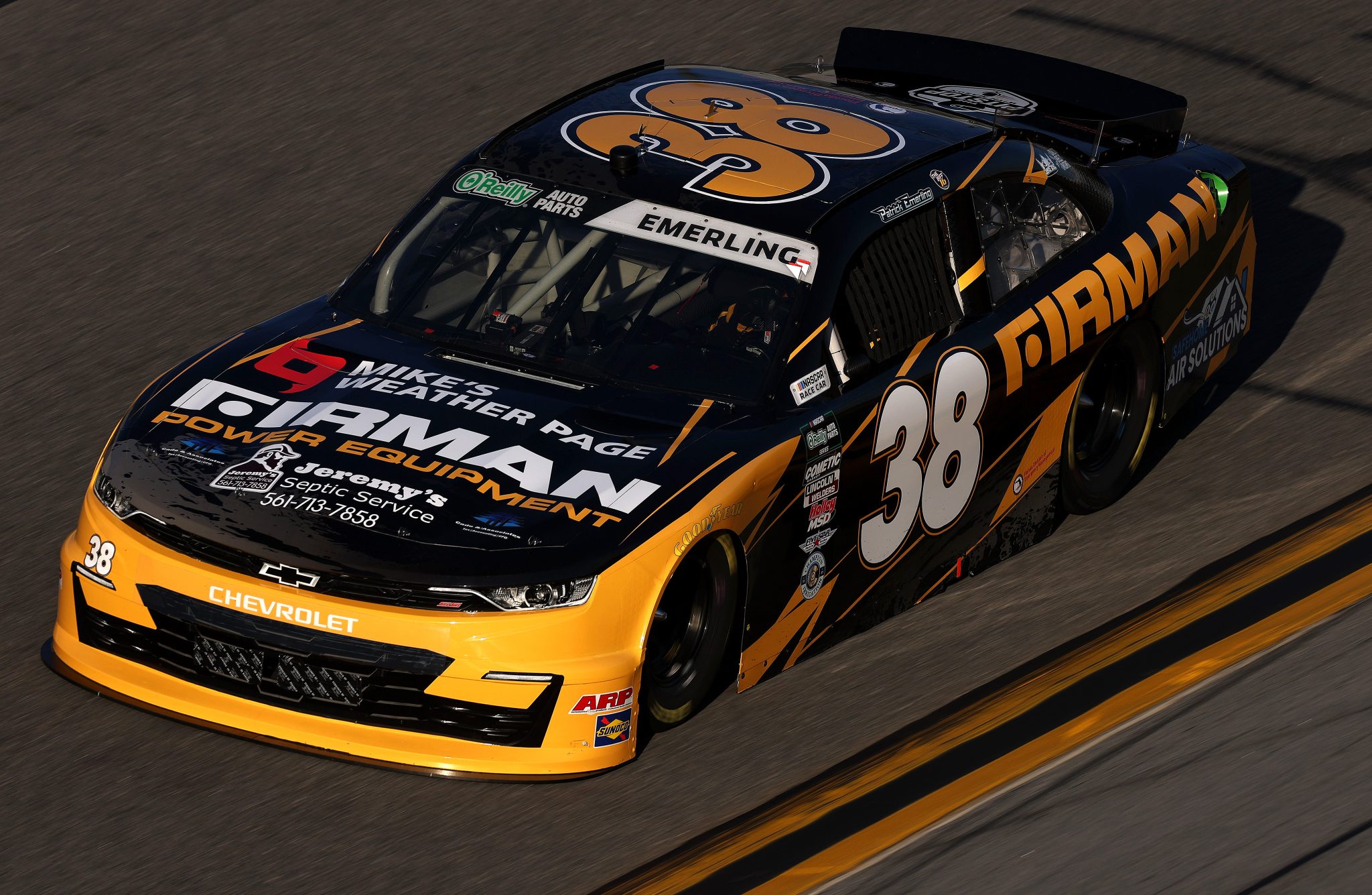 DAYTONA BEACH, FLORIDA - FEBRUARY 13: Patrick Emerling, driver of the #38 Firman Generators Chevrolet, drives during practice for the NASCAR O'Reilly Auto Parts Series United Rentals 300 at Daytona International Speedway on February 13, 2026 in Daytona Beach, Florida. (Photo by Chris Graythen/Getty Images) | Getty Images