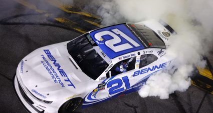 DAYTONA BEACH, FLORIDA - FEBRUARY 14: Austin Hill, driver of the #21 Bennett Transportation Chevrolet, celebrates with a burnout after winning the NASCAR O'Reilly Auto Parts Series United Rentals 300 at Daytona International Speedway on February 14, 2026 in Daytona Beach, Florida. (Photo by Sean Gardner/Getty Images) | Getty Images