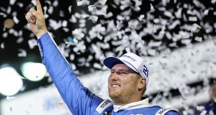 DAYTONA BEACH, FLORIDA - FEBRUARY 14: Austin Hill, driver of the #21 Bennett Transportation Chevrolet, celebrates in victory lane after winning the NASCAR O'Reilly Auto Parts Series United Rentals 300 at Daytona International Speedway on February 14, 2026 in Daytona Beach, Florida. (Photo by James Gilbert/Getty Images) | Getty Images