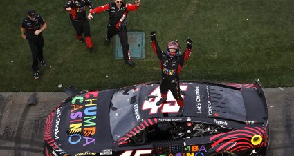 DAYTONA BEACH, FLORIDA - FEBRUARY 15: Tyler Reddick, driver of the #45 Chumba Casino Toyota, celebrates after winning the NASCAR Cup Series Daytona 500 at Daytona International Speedway on February 15, 2026 in Daytona Beach, Florida. (Photo by Sean Gardner/Getty Images) | Getty Images