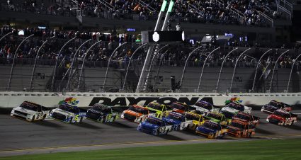 DAYTONA BEACH, FLORIDA - FEBRUARY 13: Justin Haley, driver of the #16 Celsius RAM, leads the field during the NASCAR Craftsman Truck Series Fresh from Florida 250 at Daytona International Speedway on February 13, 2026 in Daytona Beach, Florida. (Photo by James Gilbert/Getty Images) | Getty Images