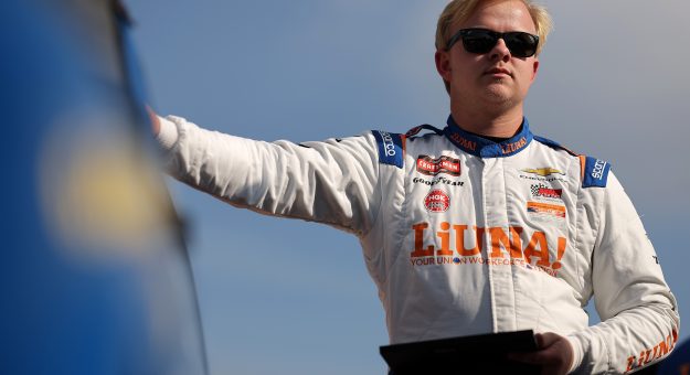 HAMPTON, GEORGIA - FEBRUARY 20: Tyler Ankrum, driver of the #18 LiUNA! Chevrolet, looks on during qualifying for the NASCAR Craftsman Truck Series Fr8 Racing 208 at Echo Park Speedway on February 20, 2026 in Hampton, Georgia. (Photo by Jonathan Bachman/Getty Images) | Getty Images