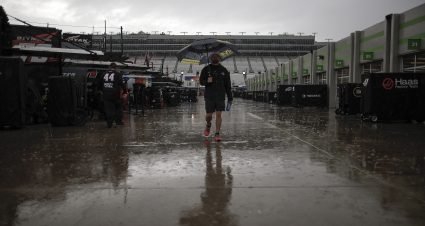 HAMPTON, GEORGIA - FEBRUARY 21: A general view of the rain-soaked garage area canceling qualifying for the NASCAR Cup Series Autotrader 400 at Echo Park Speedway on February 21, 2026 in Hampton, Georgia. (Photo by Sean Gardner/Getty Images) | Getty Images