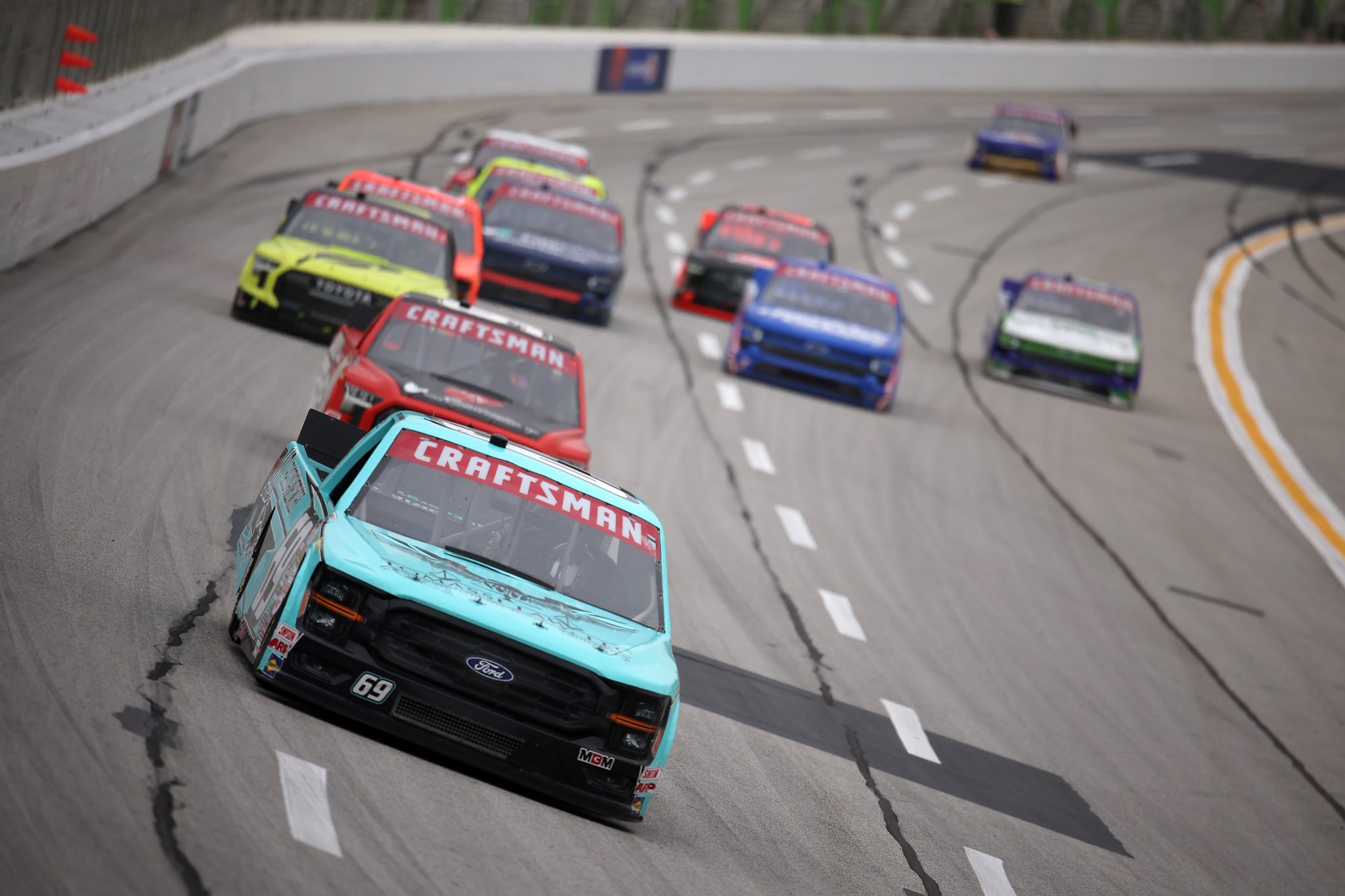 HAMPTON, GEORGIA - FEBRUARY 21: Tyler Tomassi, driver of the #69 Tomassi Law Ford, drives during the NASCAR Craftsman Truck Series Fr8 Racing 208 at Echo Park Speedway on February 21, 2026 in Hampton, Georgia. (Photo by Jonathan Bachman/Getty Images) | Getty Images