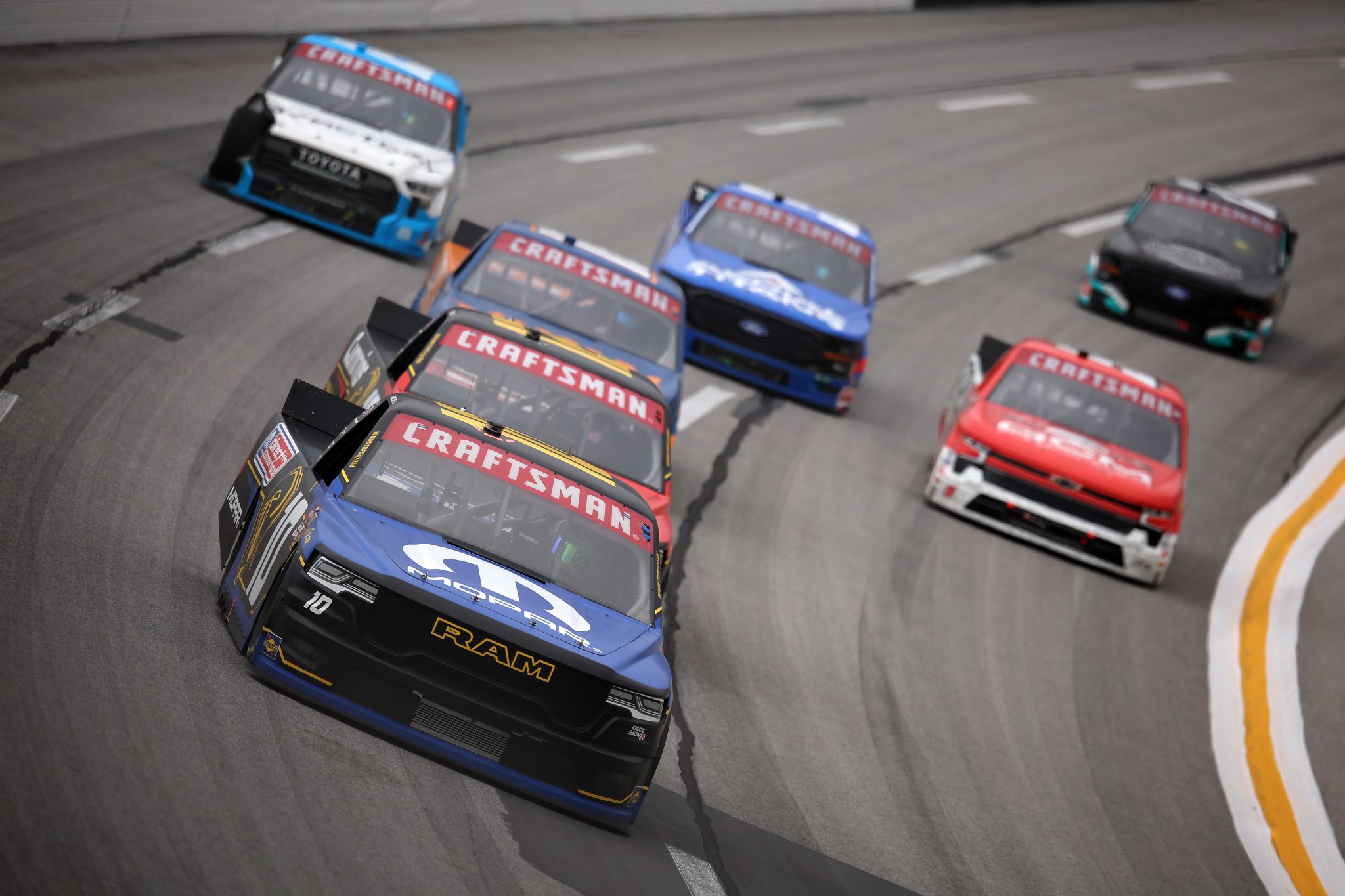 HAMPTON, GEORGIA - FEBRUARY 21: Daniel Dye, driver of the #10 Mopar RAM, drives during the NASCAR Craftsman Truck Series Fr8 Racing 208 at Echo Park Speedway on February 21, 2026 in Hampton, Georgia. (Photo by Jonathan Bachman/Getty Images) | Getty Images