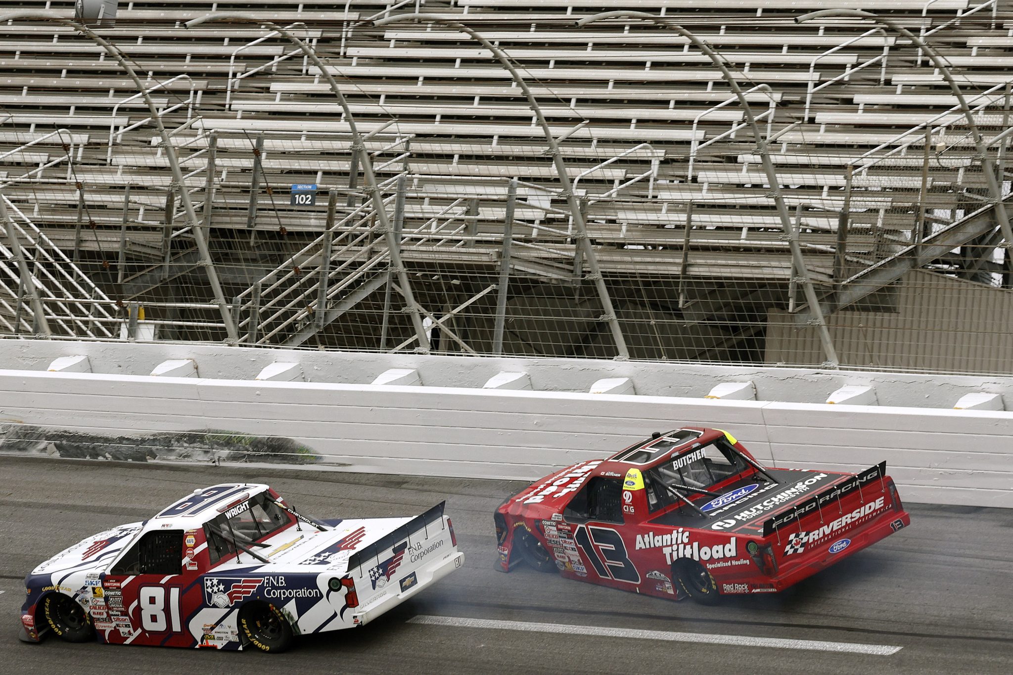 HAMPTON, GEORGIA - FEBRUARY 21: Cole Butcher, driver of the #13 Atlantic Tilt Load Ford, spins after an on-track incident during the NASCAR Craftsman Truck Series Fr8 Racing 208 at Echo Park Speedway on February 21, 2026 in Hampton, Georgia. (Photo by Sean Gardner/Getty Images) | Getty Images