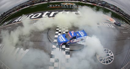 HAMPTON, GEORGIA - FEBRUARY 21: Kyle Busch, driver of the #7 HendrickCars.com Chevrolet, celebrates with a burnout after winning the NASCAR Craftsman Truck Series Fr8 Racing 208 at Echo Park Speedway on February 21, 2026 in Hampton, Georgia. (Photo by Jonathan Bachman/Getty Images) | Getty Images