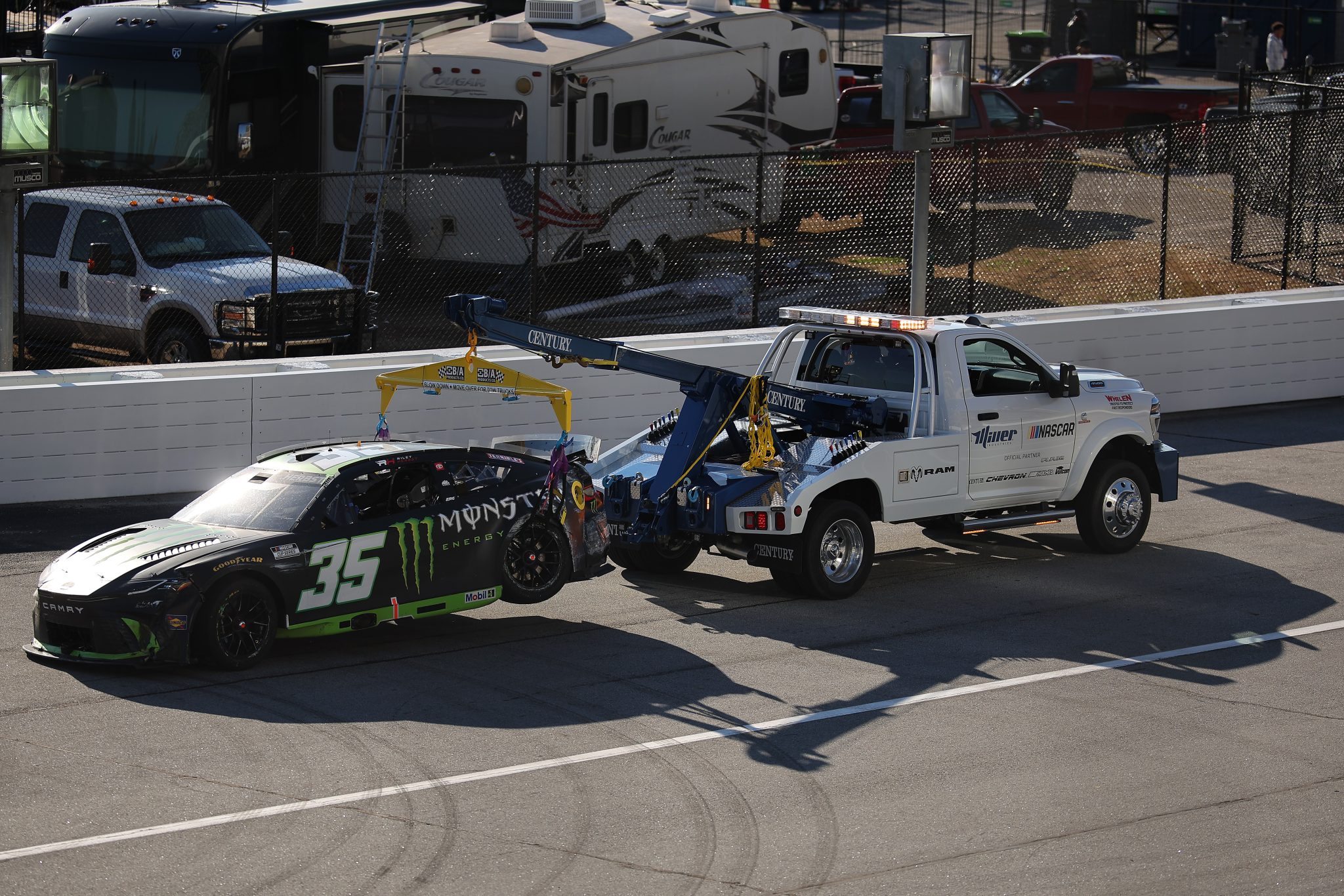 HAMPTON, GEORGIA - FEBRUARY 22: The #35 Monster Energy Toyota, driven by Riley Herbst is towed after an on-track incident during the NASCAR Cup Series Autotrader 400 at Echo Park Speedway on February 22, 2026 in Hampton, Georgia. (Photo by Jonathan Bachman/Getty Images) | Getty Images