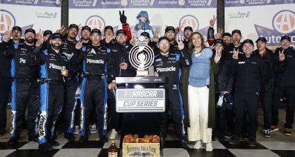 HAMPTON, GEORGIA - FEBRUARY 22: Tyler Reddick, driver of the #45 Pinnacle Toyota, celebrates with crew and family in victory lane after winning the NASCAR Cup Series Autotrader 400 at Echo Park Speedway on February 22, 2026 in Hampton, Georgia. (Photo by Sean Gardner/Getty Images) | Getty Images