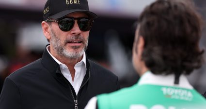 ST PETERSBURG, FLORIDA - FEBRUARY 27: Jimmie Johnson, co-owner of Legacy Motor Club (L) speaks to Dario Franchitti, driver of the #1 Dollar Tree Toyota, during practice for the NASCAR Craftsman Truck Series OnlyBulls Green Flag 150 at Grand Prix of St. Petersburg on February 27, 2026 in St Petersburg, Florida. (Photo by David Jensen/Getty Images) | Getty Images