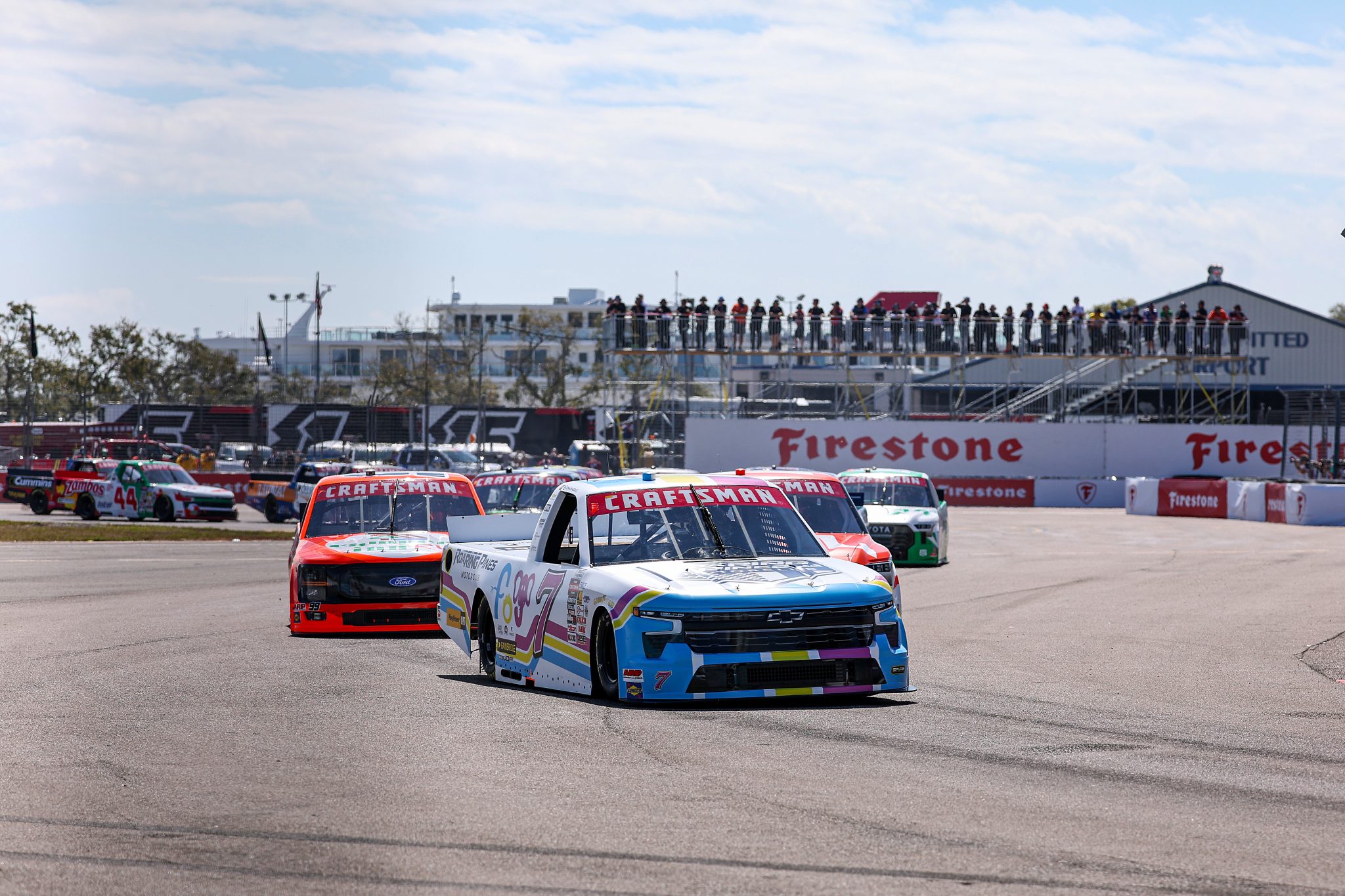 ST PETERSBURG, FLORIDA - FEBRUARY 28: Connor Mosack, driver of the #7 Roaring Pines Motorclub Chevrolet, leads the field during the NASCAR Craftsman Truck Series OnlyBulls Green Flag 150 at Grand Prix of St. Petersburg on February 28, 2026 in St Petersburg, Florida. (Photo by David Jensen/Getty Images) | Getty Images