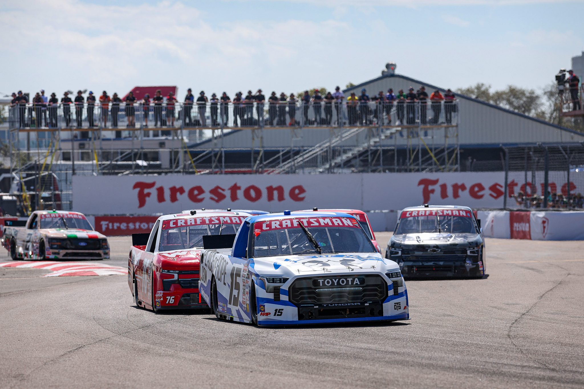 ST PETERSBURG, FLORIDA - FEBRUARY 28: Tanner Gray, driver of the #15 Place of Hope Toyota, and Nathan Nicholson, driver of the #76 Whelen Engineering Chevrolet, race during the NASCAR Craftsman Truck Series OnlyBulls Green Flag 150 at Grand Prix of St. Petersburg on February 28, 2026 in St Petersburg, Florida. (Photo by David Jensen/Getty Images) | Getty Images