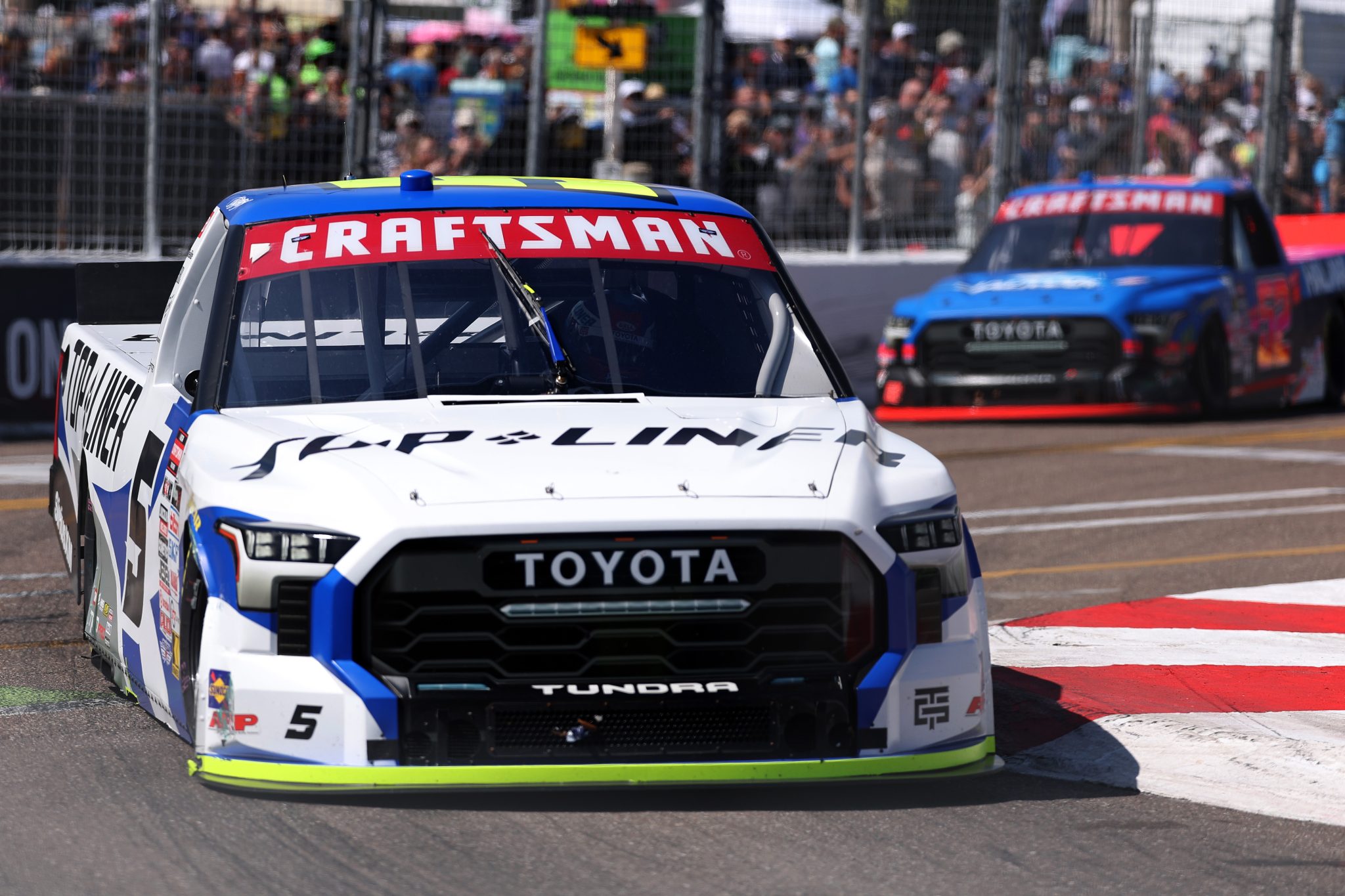 ST PETERSBURG, FLORIDA - FEBRUARY 28: Adam Andretti, driver of the #5 TopLiner Toyota, drives during the NASCAR Craftsman Truck Series OnlyBulls Green Flag 150 at Grand Prix of St. Petersburg on February 28, 2026 in St Petersburg, Florida. (Photo by David Jensen/Getty Images) | Getty Images
