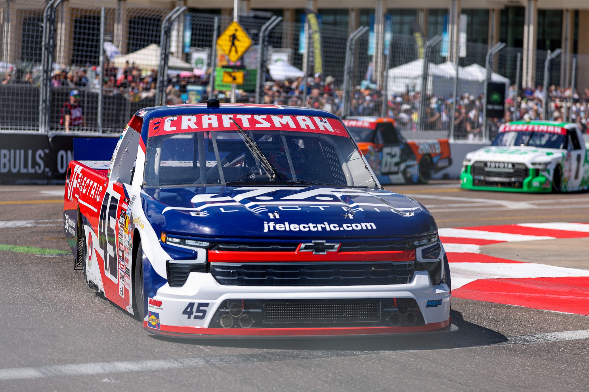 ST PETERSBURG, FLORIDA - FEBRUARY 28: Landen Lewis, driver of the #45 J.F. Electric/Utilitra Chevrolet, drives during the NASCAR Craftsman Truck Series OnlyBulls Green Flag 150 at Grand Prix of St. Petersburg on February 28, 2026 in St Petersburg, Florida. (Photo by David Jensen/Getty Images) | Getty Images
