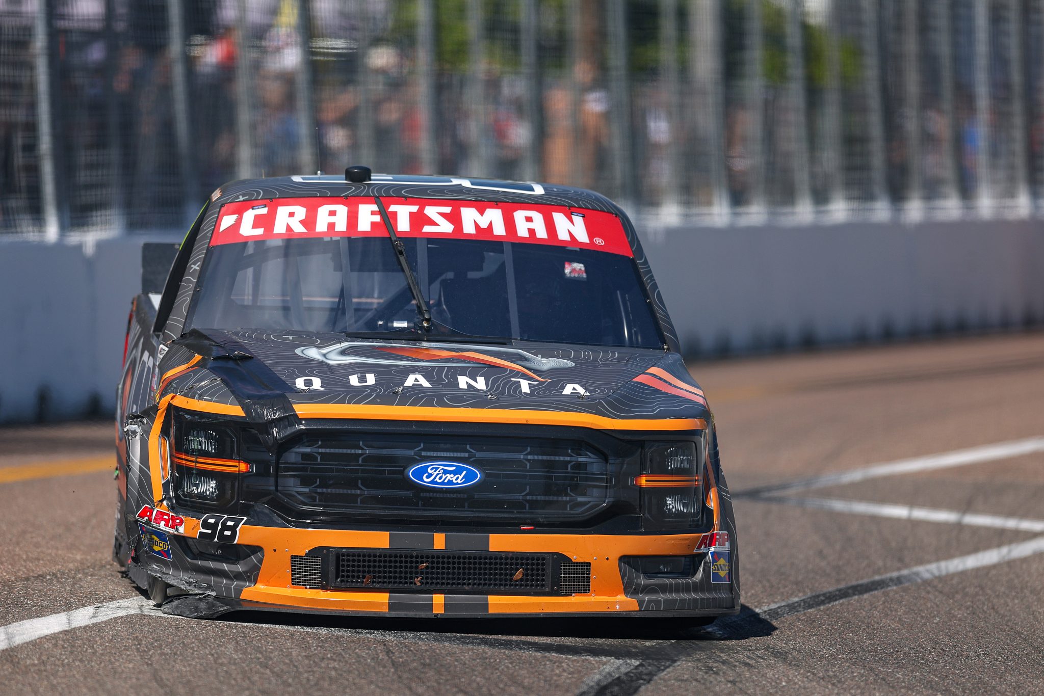 ST PETERSBURG, FLORIDA - FEBRUARY 28: Jake Garcia, driver of the #98 Quanta Services/Curb Records Ford, drives during the NASCAR Craftsman Truck Series OnlyBulls Green Flag 150 at Grand Prix of St. Petersburg on February 28, 2026 in St Petersburg, Florida. (Photo by David Jensen/Getty Images) | Getty Images