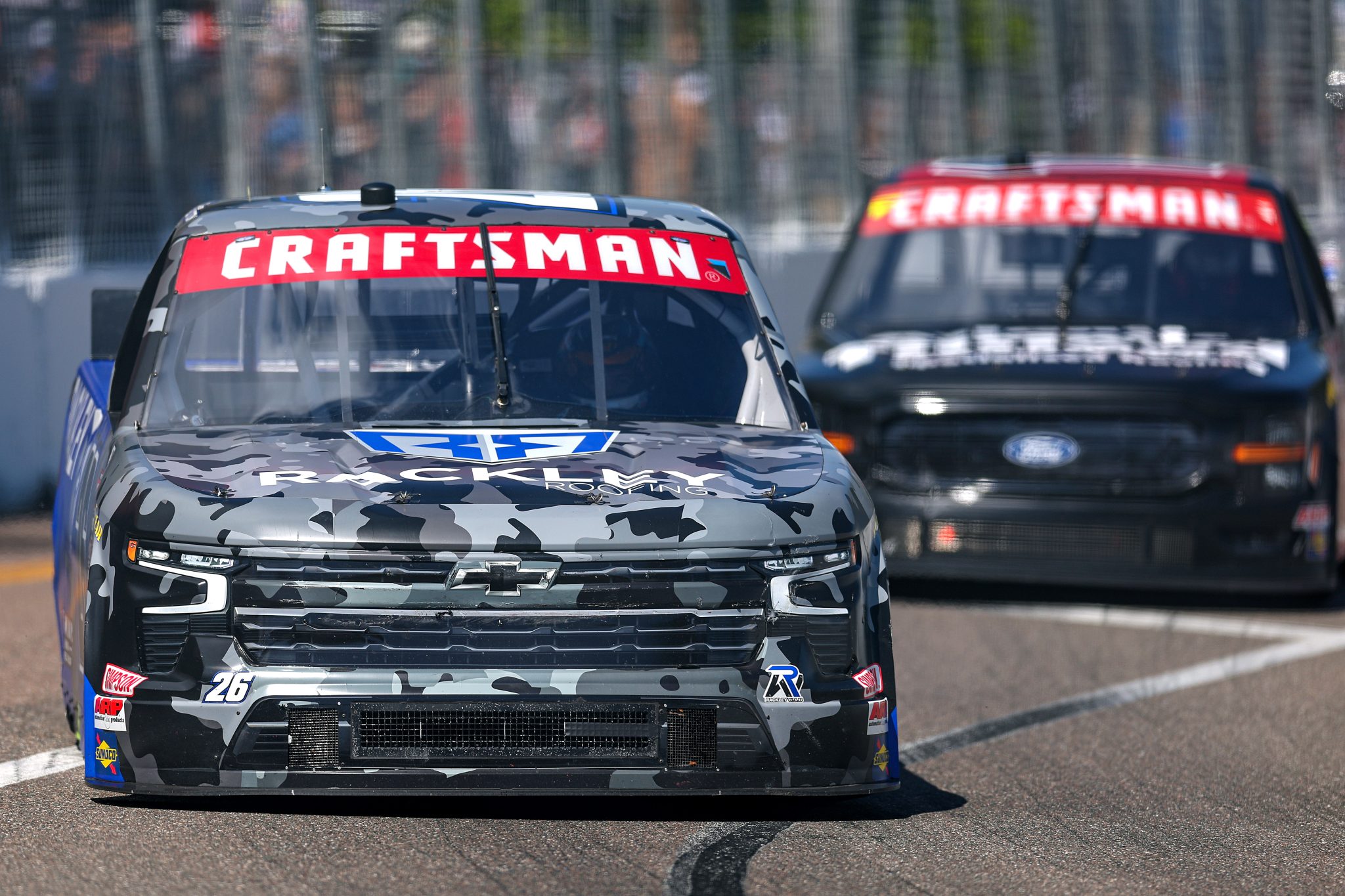 ST PETERSBURG, FLORIDA - FEBRUARY 28: Dawson Sutton, driver of the #26 WAR Shocks/Rackley Roofing Chevrolet, drives during the NASCAR Craftsman Truck Series OnlyBulls Green Flag 150 at Grand Prix of St. Petersburg on February 28, 2026 in St Petersburg, Florida. (Photo by David Jensen/Getty Images) | Getty Images