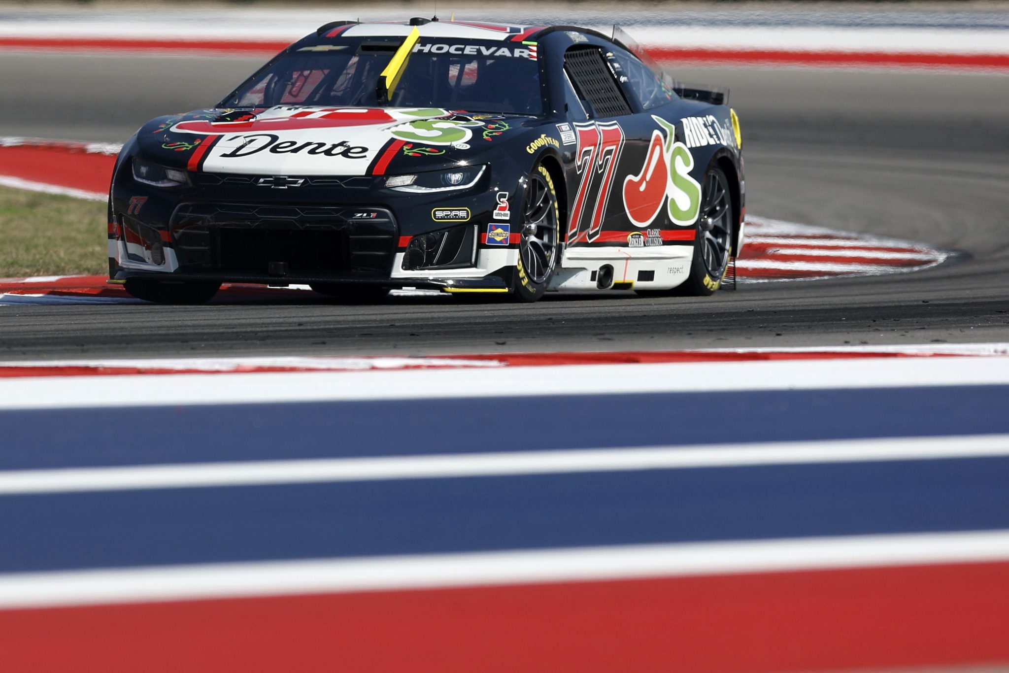 AUSTIN, TEXAS - FEBRUARY 28: Carson Hocevar, driver of the #77 Chili's Ride the 'Dente Chevrolet, drives during qualifying for the NASCAR Cup Series DuraMax Grand Prix Powered by RelaDyne at Circuit of The Americas on February 28, 2026 in Austin, Texas. (Photo by Logan Riely/Getty Images) | Getty Images