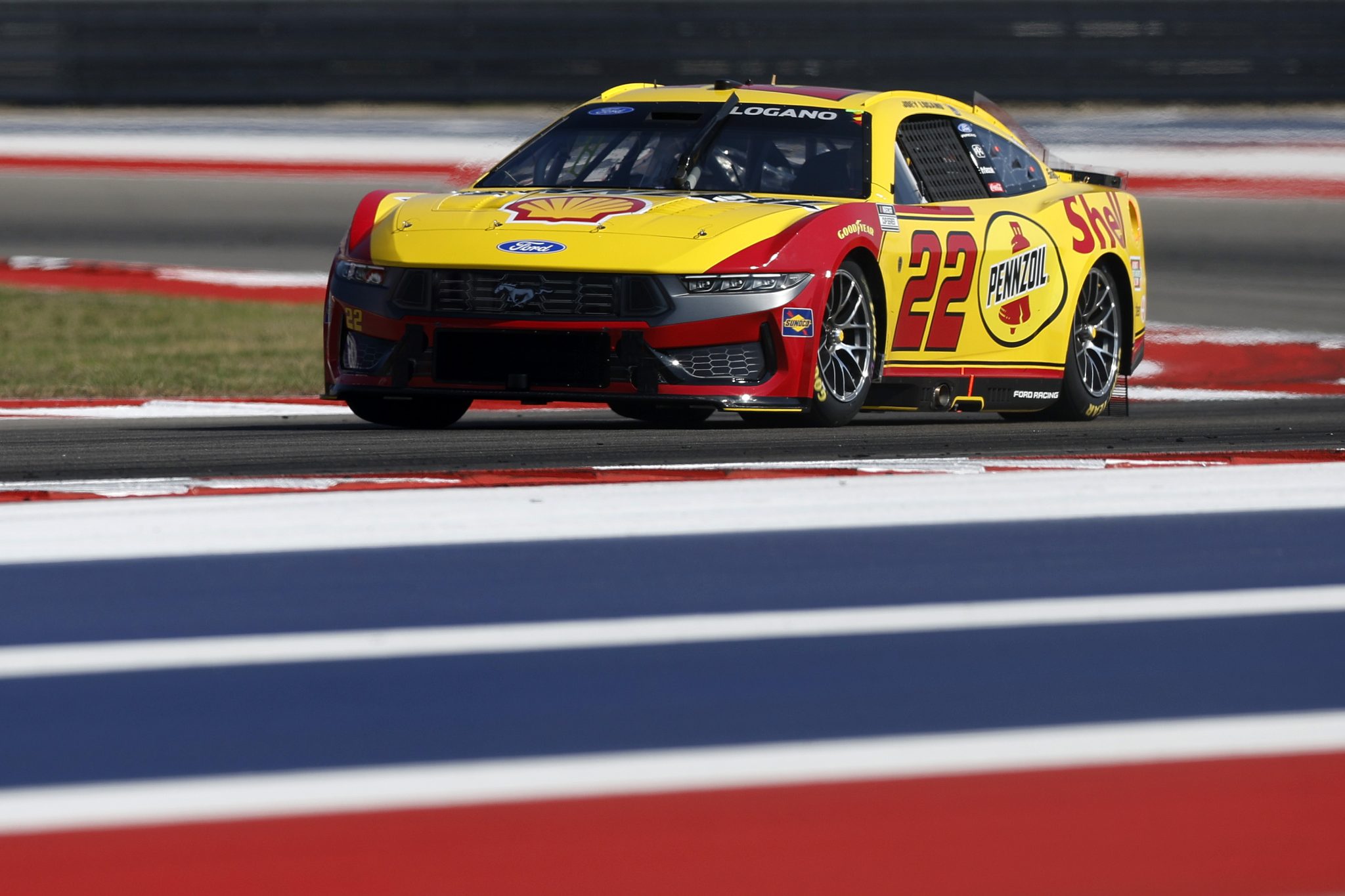 AUSTIN, TEXAS - FEBRUARY 28: Joey Logano, driver of the #22 Shell Pennzoil Ford, drives during qualifying for the NASCAR Cup Series DuraMax Grand Prix Powered by RelaDyne at Circuit of The Americas on February 28, 2026 in Austin, Texas. (Photo by Logan Riely/Getty Images) | Getty Images