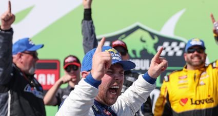ST PETERSBURG, FLORIDA - FEBRUARY 28: Layne Riggs, driver of the #34 Long John Silver's Ford, celebrates in victory lane after winning the NASCAR Craftsman Truck Series OnlyBulls Green Flag 150 at Grand Prix of St. Petersburg on February 28, 2026 in St Petersburg, Florida. (Photo by David Jensen/Getty Images) | Getty Images