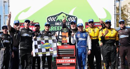 ST PETERSBURG, FLORIDA - FEBRUARY 28: Layne Riggs, driver of the #34 Long John Silver's Ford, and crew celebrate in victory lane after winning the NASCAR Craftsman Truck Series OnlyBulls Green Flag 150 at Grand Prix of St. Petersburg on February 28, 2026 in St Petersburg, Florida. (Photo by David Jensen/Getty Images) | Getty Images