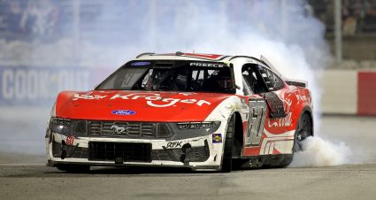 WINSTON SALEM, NORTH CAROLINA - FEBRUARY 04: Ryan Preece, driver of the #60 Kroger/Coca-Cola Ford, celebrates with a burnout after winning the Cook Out Clash at Bowman Gray Stadium at Bowman Gray Stadium on February 04, 2026 in Winston Salem, North Carolina. (Photo by Jonathan Bachman/Getty Images) | Getty Images