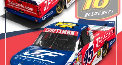 Ricky Stenhouse Jr.’s 2026 #45 J.F. Electric / Utilitra Chevrolet paint scheme.