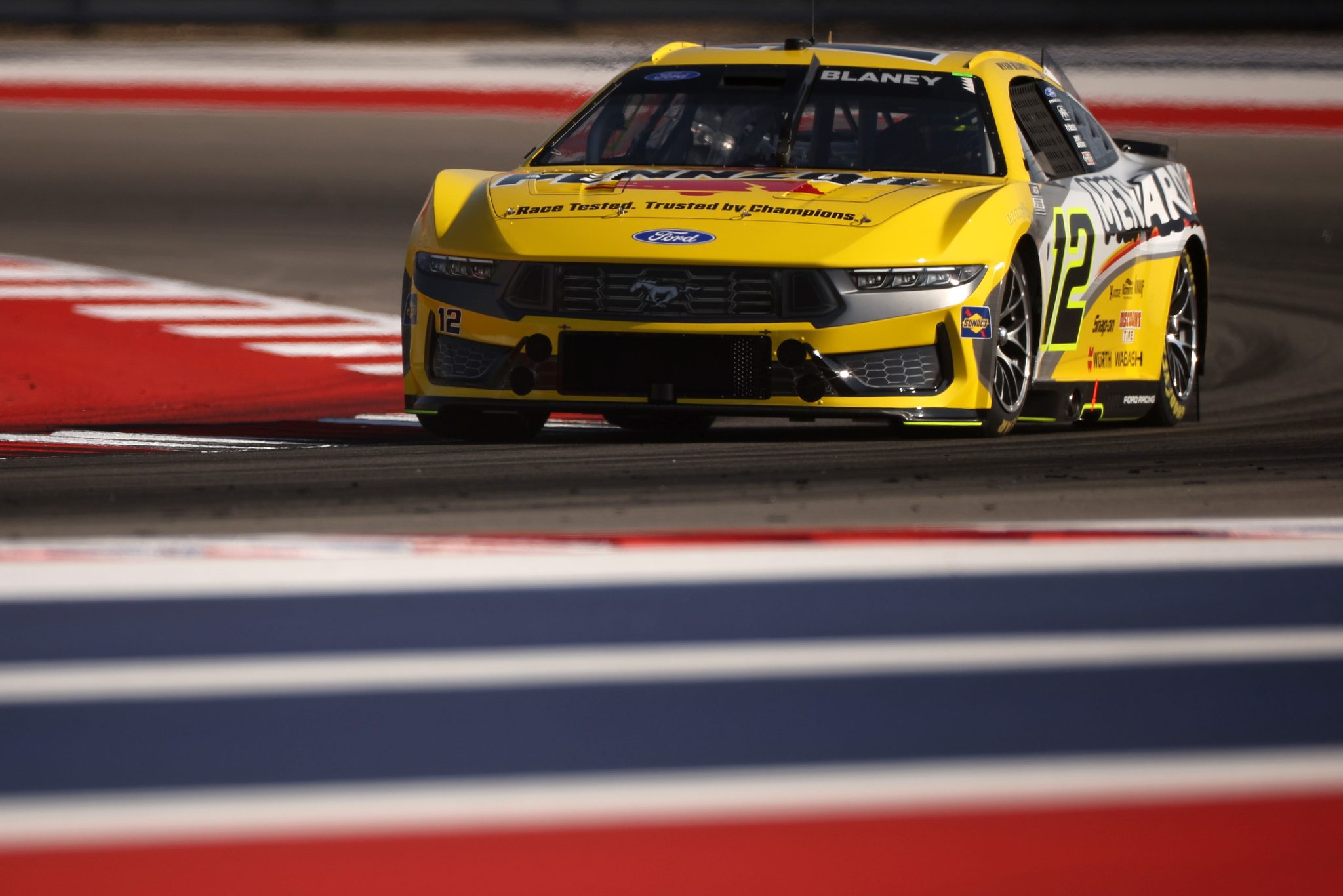 AUSTIN, TEXAS - FEBRUARY 28: Ryan Blaney, driver of the #12 Menards/Pennzoil Ford, drives during practice for the NASCAR Cup Series DuraMax Grand Prix Powered by RelaDyne at Circuit of The Americas on February 28, 2026 in Austin, Texas. (Photo by James Gilbert/Getty Images) | Getty Images