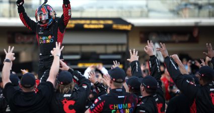 AUSTIN, TEXAS - MARCH 01: Tyler Reddick, driver of the #45 Chumba Casino Toyota, celebrates with his crew after winning his third race in a row to start the 2026 NASCAR season winning the NASCAR Cup Series DuraMax Grand Prix Powered by RelaDyne at Circuit of The Americas on March 01, 2026 in Austin, Texas. (Photo by James Gilbert/Getty Images) | Getty Images