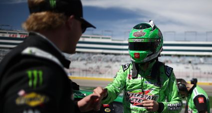 LAS VEGAS, NEVADA - MARCH 14: Christopher Bell, driver of the #20 Interstate Batteries Toyota, (R) is congratulated by Ty Gibbs, driver of the #54 Monster Energy Toyota, after winning the pole award during qualifying for the NASCAR Cup Series Pennzoil 400 presented by Jiffy Lube at Las Vegas Motor Speedway on March 14, 2026 in Las Vegas, Nevada. (Photo by Chris Graythen/Getty Images) | Getty Images