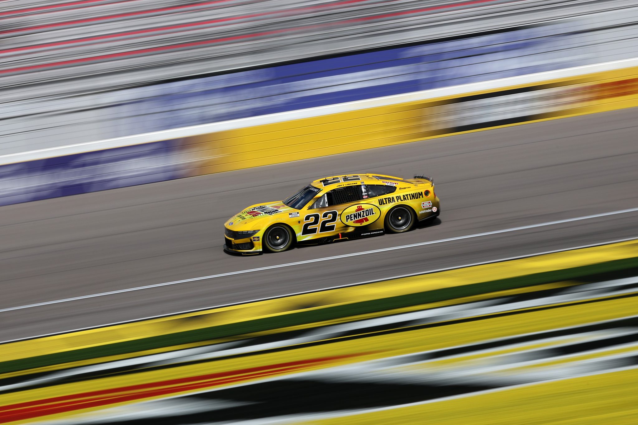 LAS VEGAS, NEVADA - MARCH 14: Joey Logano, driver of the #22 Pennzoil Ultra Premium Ford, drives during practice for the NASCAR Cup Series Pennzoil 400 presented by Jiffy Lube at Las Vegas Motor Speedway on March 14, 2026 in Las Vegas, Nevada. (Photo by Chris Graythen/Getty Images) | Getty Images