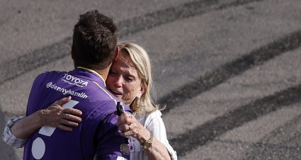 LAS VEGAS, NEVADA - MARCH 15: Denny Hamlin, driver of the #11 Yahoo! Toyota, celebrates with his mother, Mary Lou Hamlin after winning the NASCAR Cup Series Pennzoil 400 presented by Jiffy Lube at Las Vegas Motor Speedway on March 15, 2026 in Las Vegas, Nevada. (Photo by Sean Gardner/Getty Images) | Getty Images