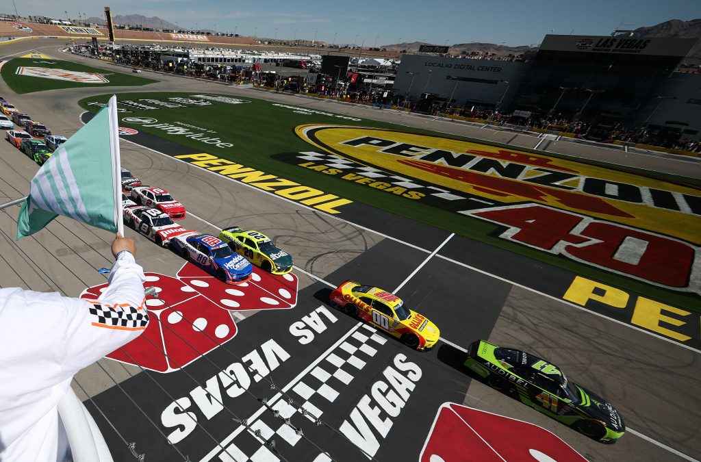 LAS VEGAS, NEVADA - MARCH 14: Sam Mayer, driver of the #41 Audibel Chevrolet, leads the field to the green flag to start the NASCAR O'Reilly Auto Parts Series The LiUNA! at Las Vegas Motor Speedway on March 14, 2026 in Las Vegas, Nevada. (Photo by Chris Graythen/Getty Images) | Getty Images
