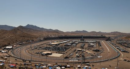 AVONDALE, ARIZONA - MARCH 09: A general view of racing and Goodyear blimp from the hillside area during the NASCAR Cup Series Shriners Children's 500 at Phoenix Raceway on March 09, 2025 in Avondale, Arizona. (Photo by Jonathan Bachman/Getty Images) | Getty Images