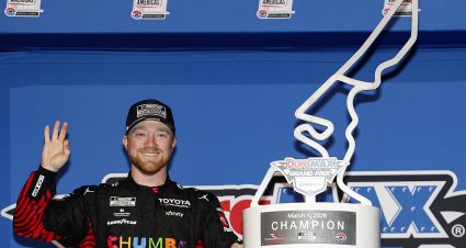 AUSTIN, TEXAS - MARCH 01: Tyler Reddick, driver of the #45 Chumba Casino Toyota, celebrates in victory lane after winning his third race in a row to start the 2026 NASCAR season winning the NASCAR Cup Series DuraMax Grand Prix Powered by RelaDyne at Circuit of The Americas on March 01, 2026 in Austin, Texas. (Photo by Logan Riely/Getty Images) | Getty Images