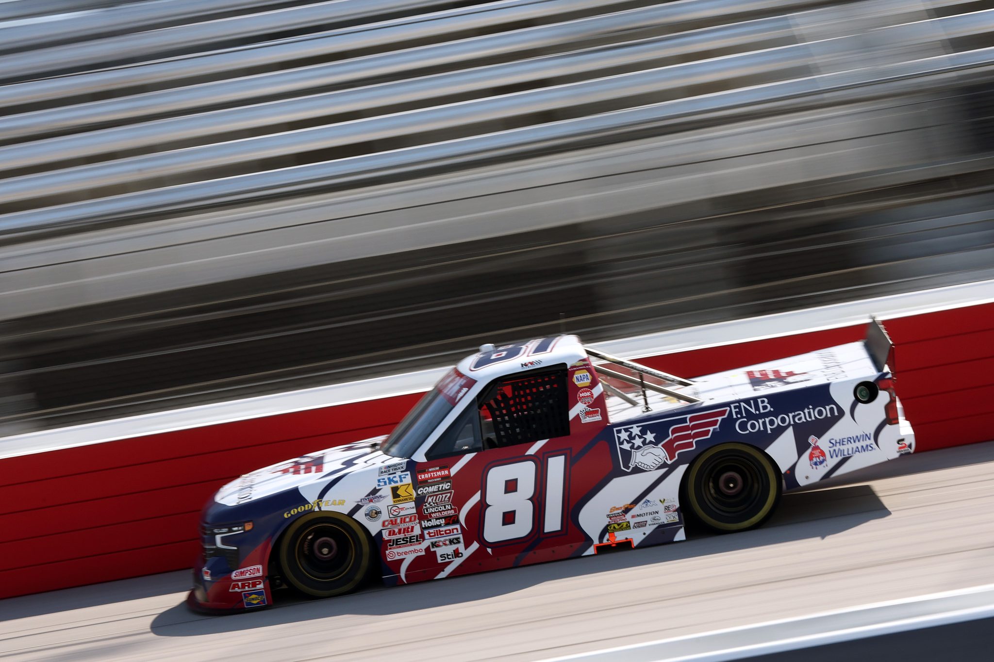 DARLINGTON, SOUTH CAROLINA - MARCH 20: Kris Wright, driver of the #81 F.N.B. Corporation Chevrolet, drives during practice for the NASCAR Craftsman Truck Series Buckle Up South Carolina 200 at Darlington Raceway on March 20, 2026 in Darlington, South Carolina. (Photo by David Jensen/Getty Images) | Getty Images