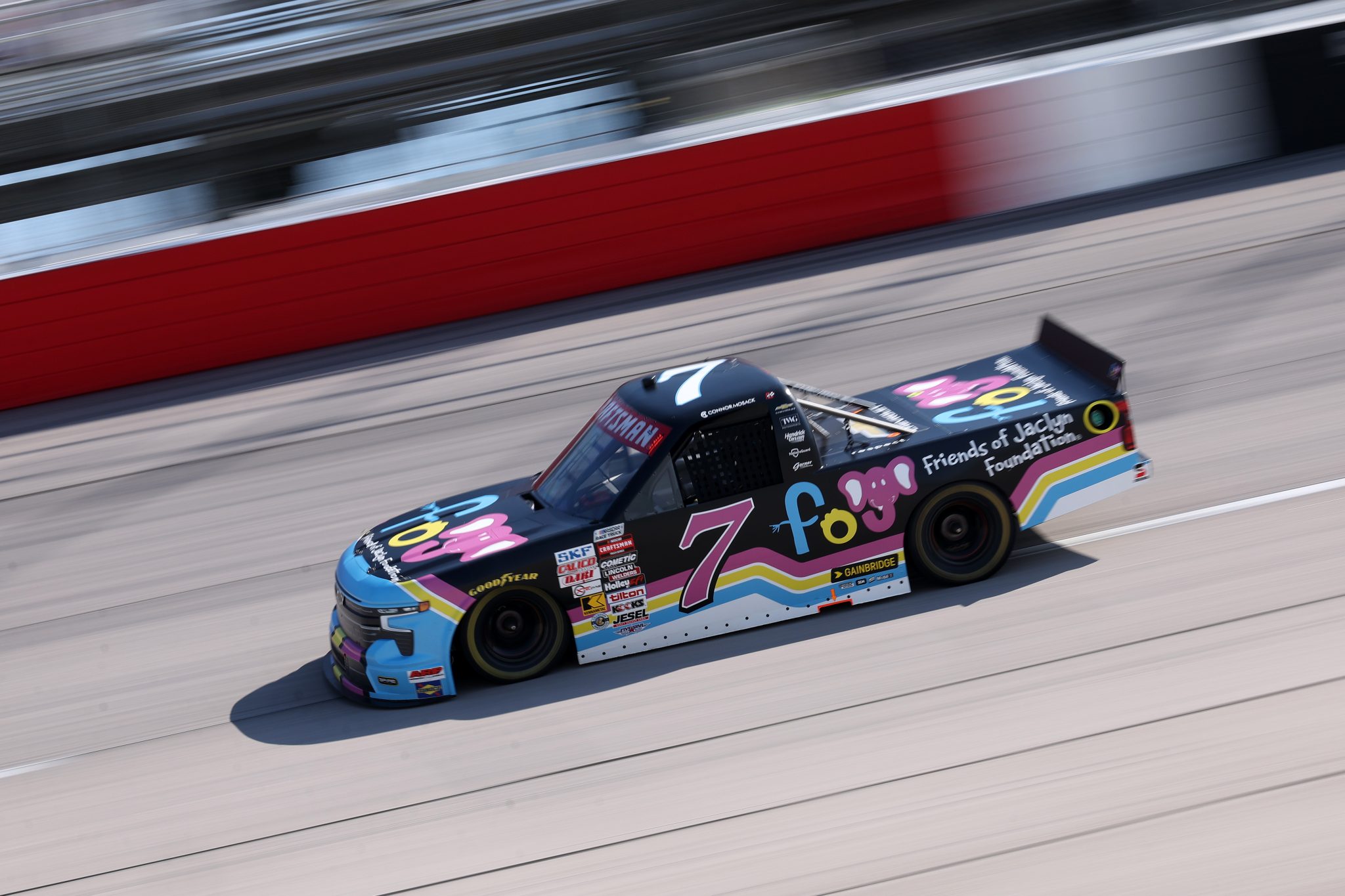 DARLINGTON, SOUTH CAROLINA - MARCH 20: Connor Mosack, driver of the #7 Friends of Jaclyn Foundation Chevrolet, drives during practice for the NASCAR Craftsman Truck Series Buckle Up South Carolina 200 at Darlington Raceway on March 20, 2026 in Darlington, South Carolina. (Photo by David Jensen/Getty Images) | Getty Images