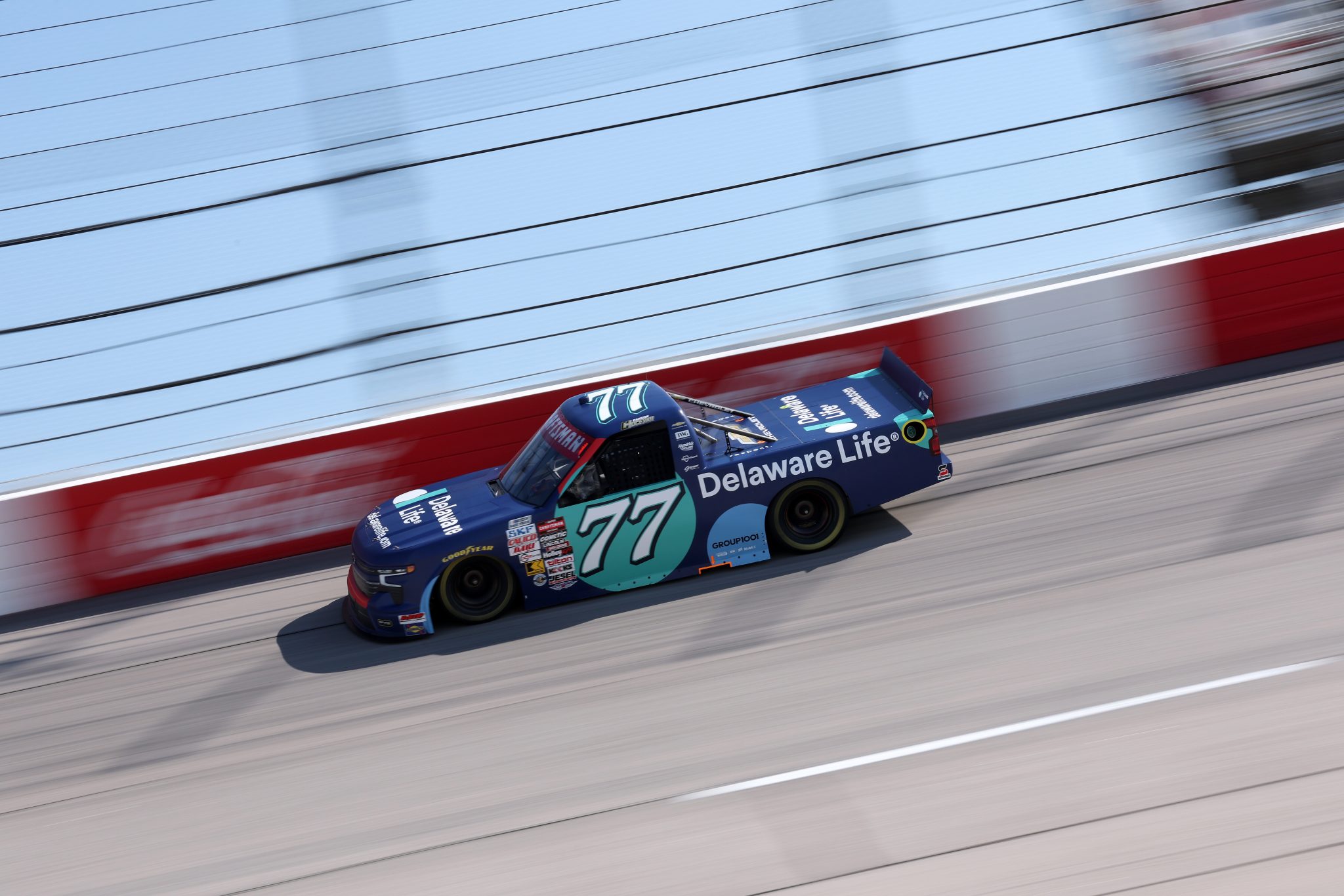 DARLINGTON, SOUTH CAROLINA - MARCH 20: Carson Hocevar, driver of the #77 Delaware Life Chevrolet, drives during practice for the NASCAR Craftsman Truck Series Buckle Up South Carolina 200 at Darlington Raceway on March 20, 2026 in Darlington, South Carolina. (Photo by David Jensen/Getty Images) | Getty Images