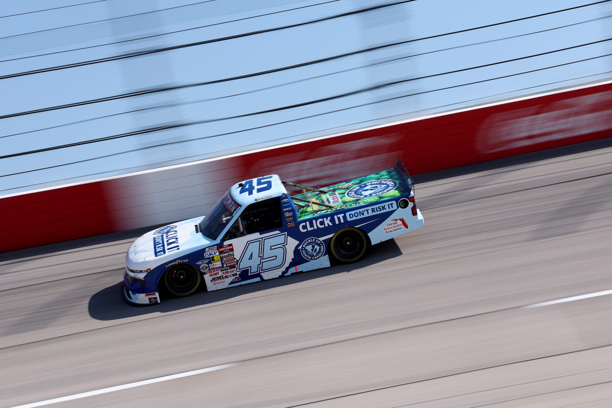 DARLINGTON, SOUTH CAROLINA - MARCH 20: Ross Chastain, driver of the #45 Buckle Up South Carolina Chevrolet, drives during practice for the NASCAR Craftsman Truck Series Buckle Up South Carolina 200 at Darlington Raceway on March 20, 2026 in Darlington, South Carolina. (Photo by David Jensen/Getty Images) | Getty Images