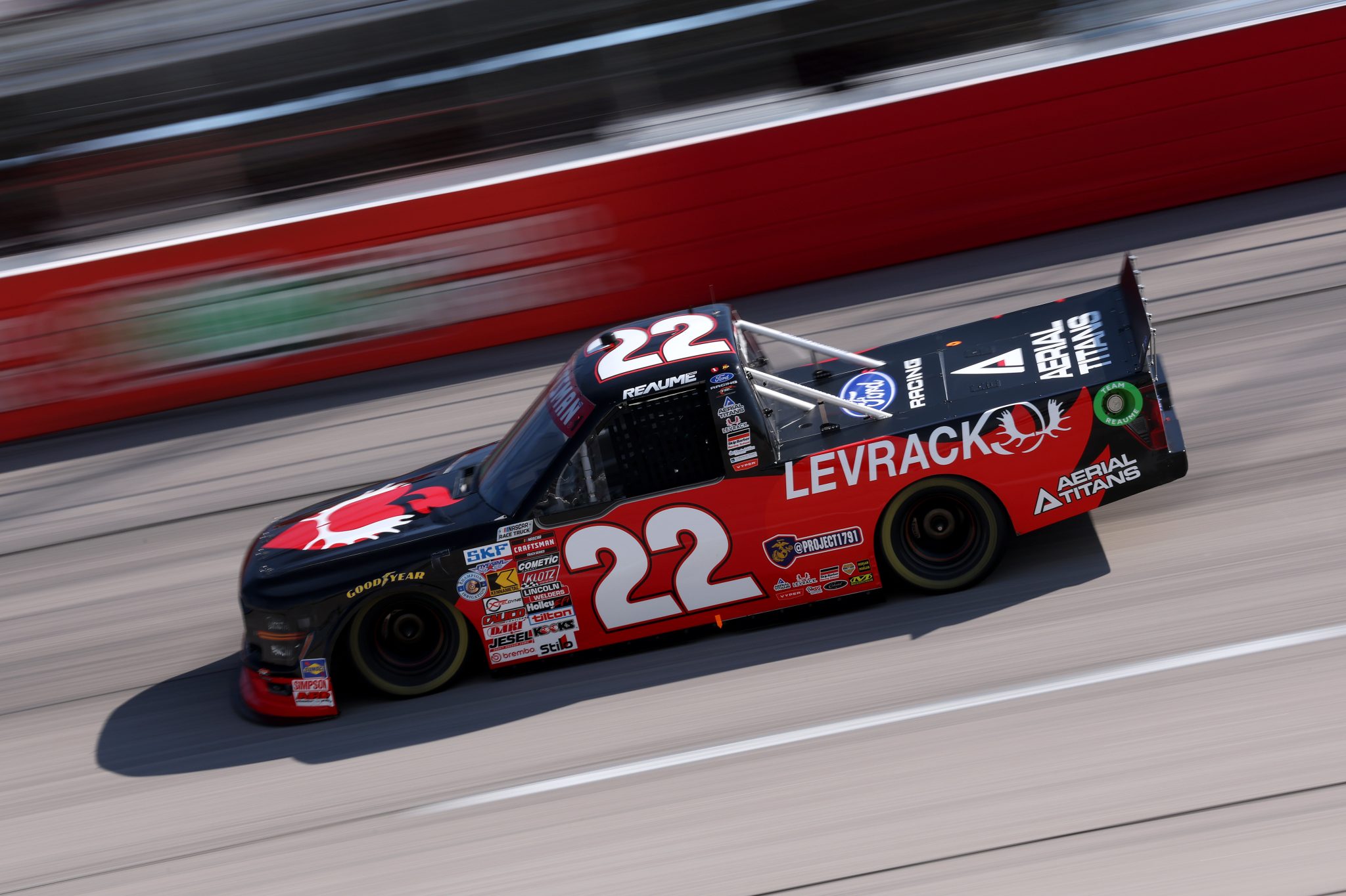 DARLINGTON, SOUTH CAROLINA - MARCH 20: Josh Reaume, driver of the #22 Levrack Ford, drives during practice for the NASCAR Craftsman Truck Series Buckle Up South Carolina 200 at Darlington Raceway on March 20, 2026 in Darlington, South Carolina. (Photo by David Jensen/Getty Images) | Getty Images