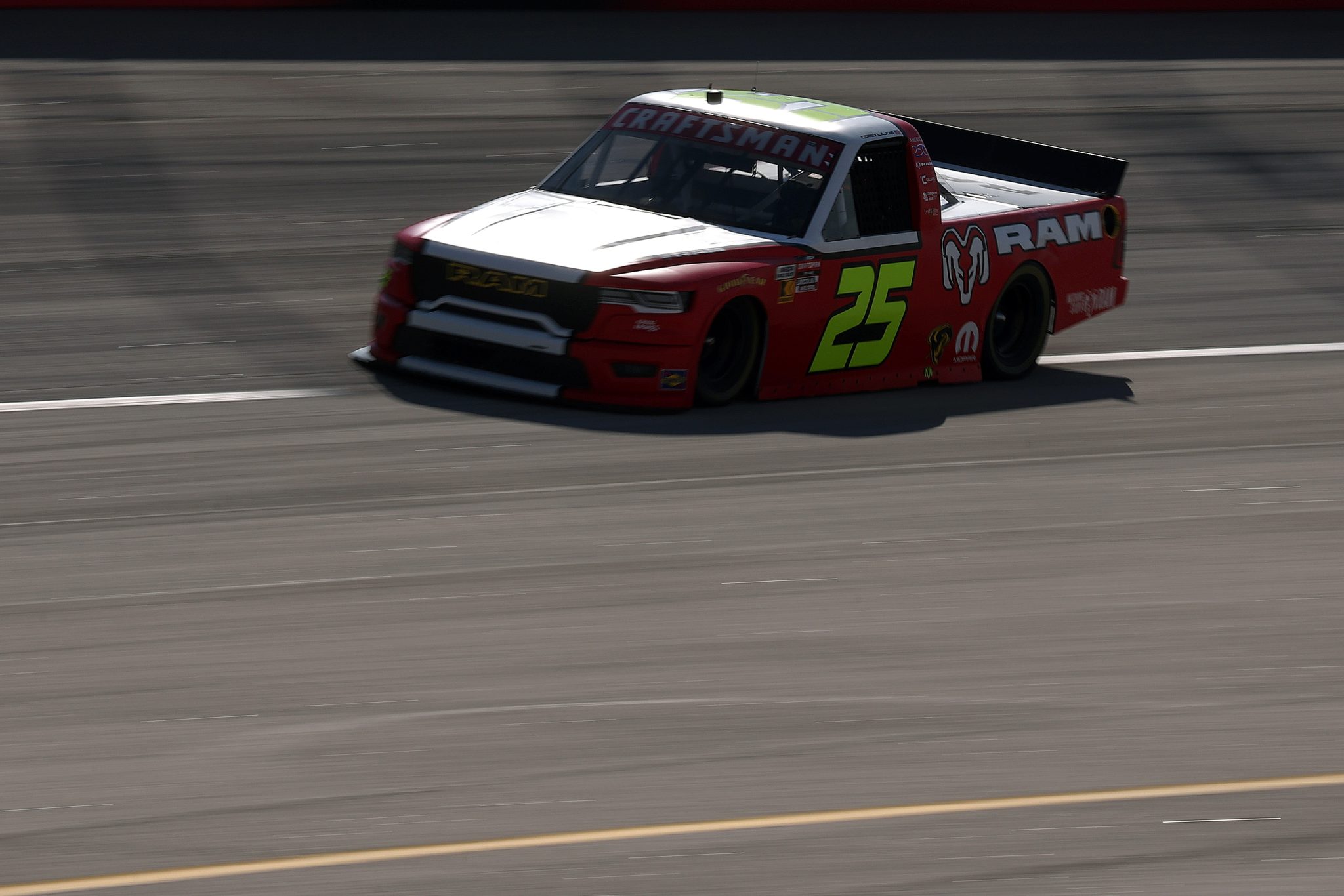 DARLINGTON, SOUTH CAROLINA - MARCH 20: Corey LaJoie, driver of the #25 Nothing Stops Ram RAM, drives during practice for the NASCAR Craftsman Truck Series Buckle Up South Carolina 200 at Darlington Raceway on March 20, 2026 in Darlington, South Carolina. (Photo by David Jensen/Getty Images) | Getty Images