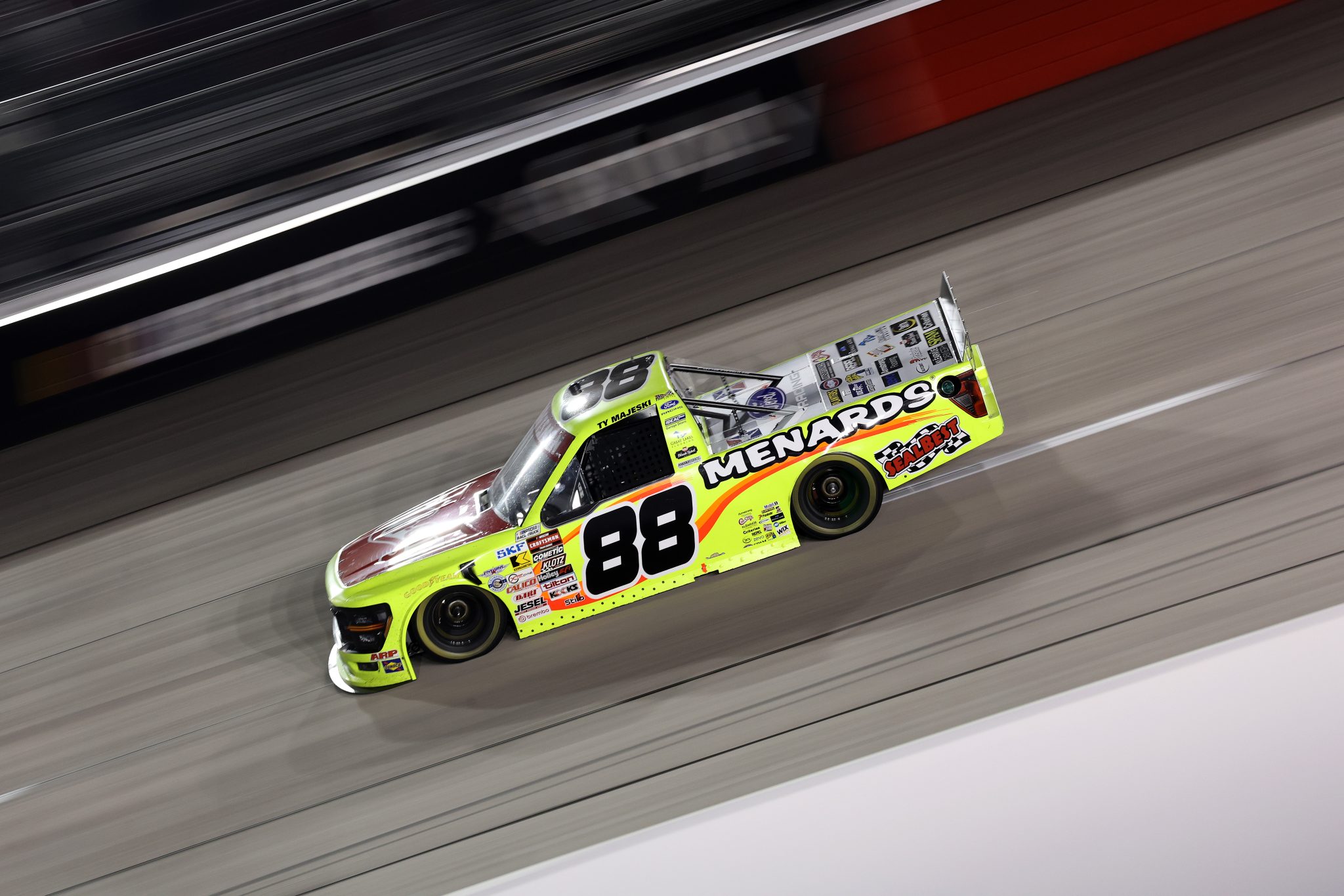 DARLINGTON, SOUTH CAROLINA - MARCH 20: Ty Majeski, driver of the #88 Chi Chi's/Menards Ford, drives during the NASCAR Craftsman Truck Series Buckle Up South Carolina 200 at Darlington Raceway on March 20, 2026 in Darlington, South Carolina. (Photo by David Jensen/Getty Images) | Getty Images