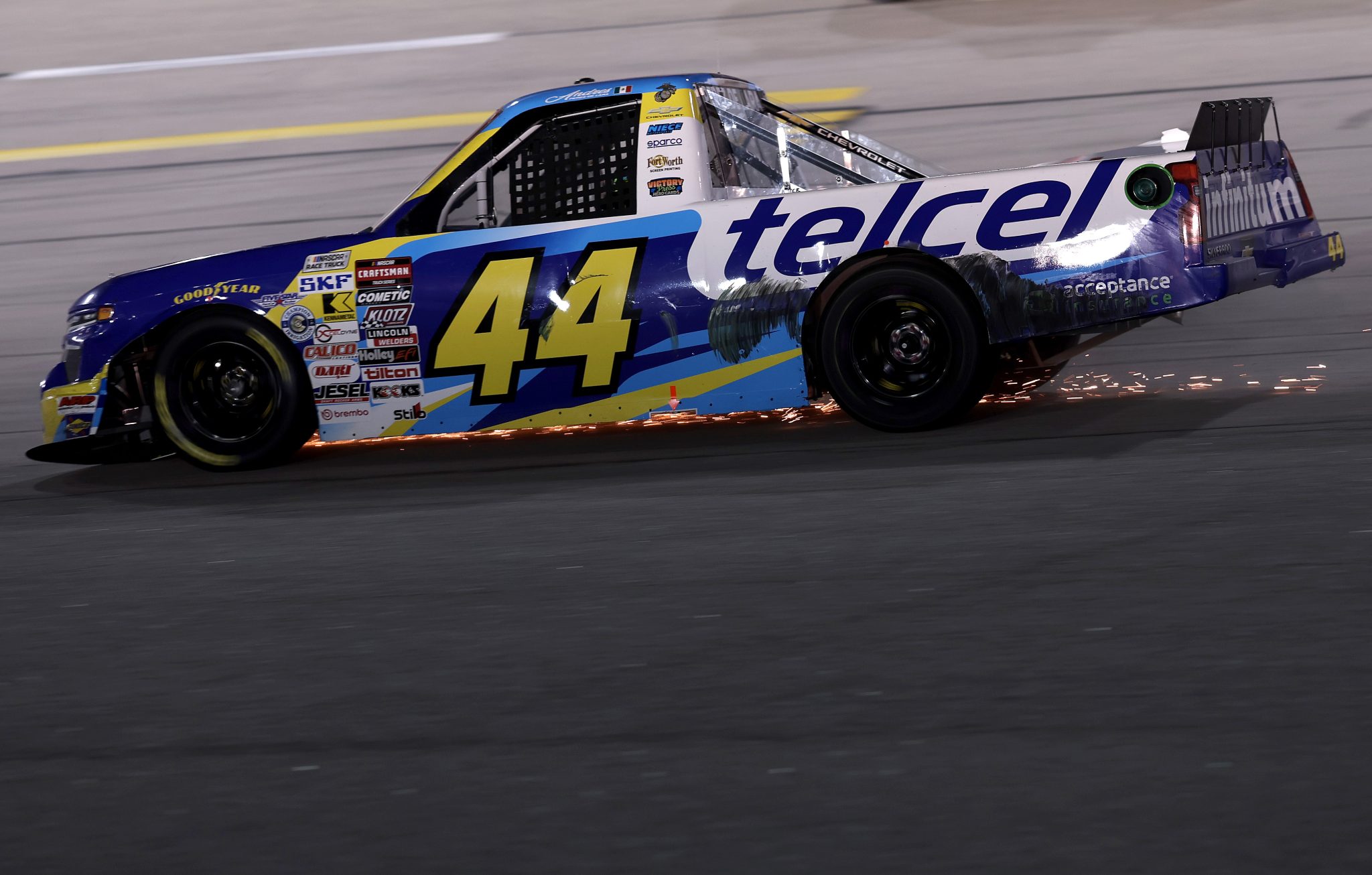 DARLINGTON, SOUTH CAROLINA - MARCH 20: Andres Perez De Lara, driver of the #44 Telcel Chevrolet, spins after an on-track incident during the NASCAR Craftsman Truck Series Buckle Up South Carolina 200 at Darlington Raceway on March 20, 2026 in Darlington, South Carolina. (Photo by David Jensen/Getty Images) | Getty Images