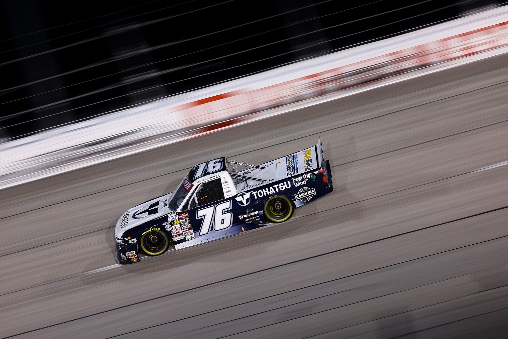 DARLINGTON, SOUTH CAROLINA - MARCH 20: Spencer Boyd, driver of the #76 Tohatsu Chevrolet, drives during the NASCAR Craftsman Truck Series Buckle Up South Carolina 200 at Darlington Raceway on March 20, 2026 in Darlington, South Carolina. (Photo by David Jensen/Getty Images) | Getty Images